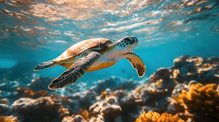 A sea turtle gracefully swims underwater over a vibrant coral reef with sunlight filtering through the clear blue ocean.