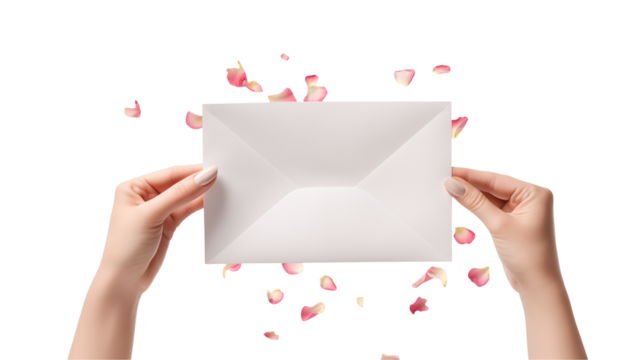 Elegant Hands Hold Blank Envelope with Rose Petals Falling