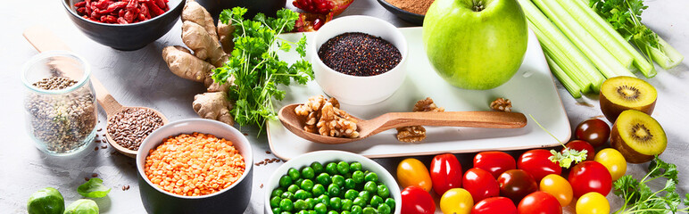 Vegetables, fruit, grain, superfoods for vegan and vegetarian eating.