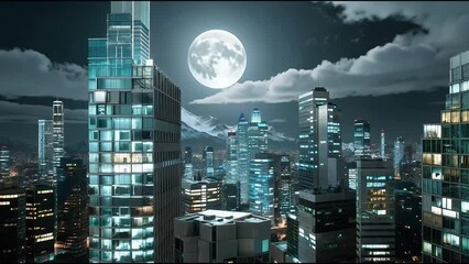 Futuristic Cityscape Under a Full Moon - Powered by Adobe