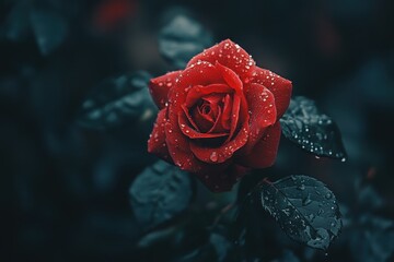 Stunning red rose blooming in a garden with raindrops glistening after a refreshing rain shower, Perfect red rose in the garden after the rain, closeup High quality