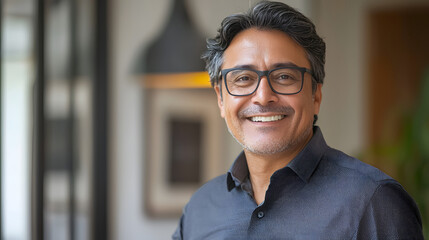 Fototapeta premium Middle-age Hispanic business manager ceo using cell phone mobile app. Smiling portrait of Latin