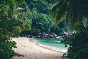 Lush jungle trails leading to a serene tropical beach on a Thailand island, Jungle forest and tropical beach on Thailand island Exotic nature background