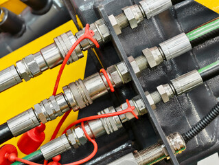 Hydraulic system components in a yellow machinery setup during maintenance to ensure optimal performance and safety