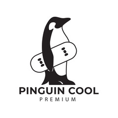 logo simple penguin standing holding skateboard cool  vector icon symbol modern illustration design