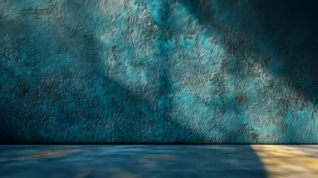 Dark teal textured wall with light beams, empty floor