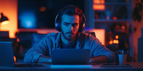 A young man intensely focused on his laptop, wearing headphones, in a room with a blue and red night light.