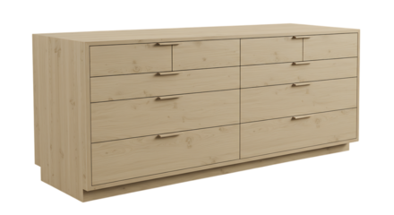 Modern wooden dresser in light wood grain featuring multiple storage drawers for bedroom use