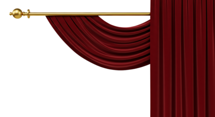 Elegant red theater curtains drape against black backdrop with gold curtain rod