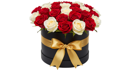 Elegant black box arrangement with red and white roses and a golden ribbon