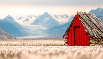 Red cabin nestled in a field before snow-capped mountains