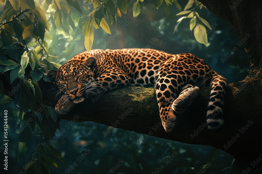 Poster leopard resting on a tree branch in a lush forest during the daytime, leopard sleep tree in forest p