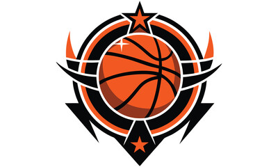 Basketball emblem with stars and tribal design isolated on white background