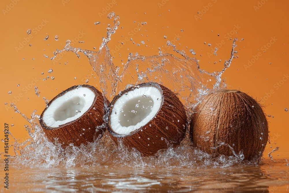 Poster three coconuts splash into water against an orange background creating vibrant patterns and textures
