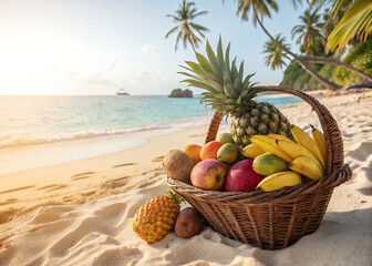 Tropical fruit basket on beach: A vibrant basket of tropical fruit on a sandy beach with the clear ocean, sun, and palm trees. Perfect for travel and summer themes.