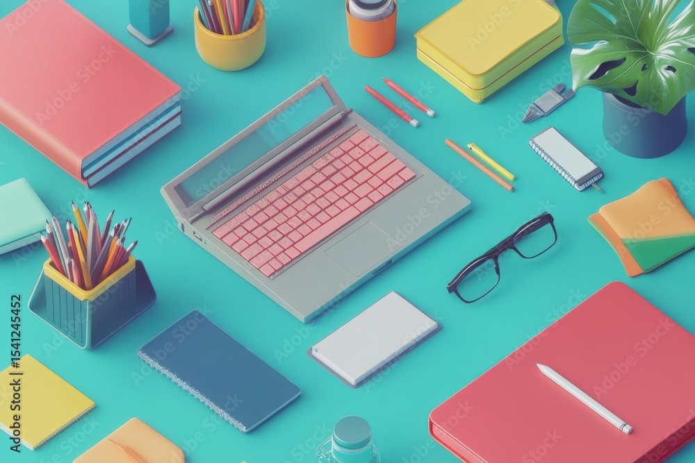 Poster bright and colorful workspace arrangement emphasizing study and creative work in a minimal design, s