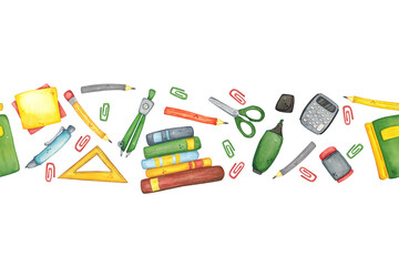 Seamless border of school supplies, stationery and books. Watercolor illustration hand drawn, cartoon. Drawing for infographics, packaging, cards, invitations. School, education, student, stationery