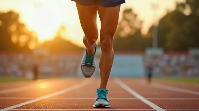 Runner sprinting on track during sunset with focused determination  