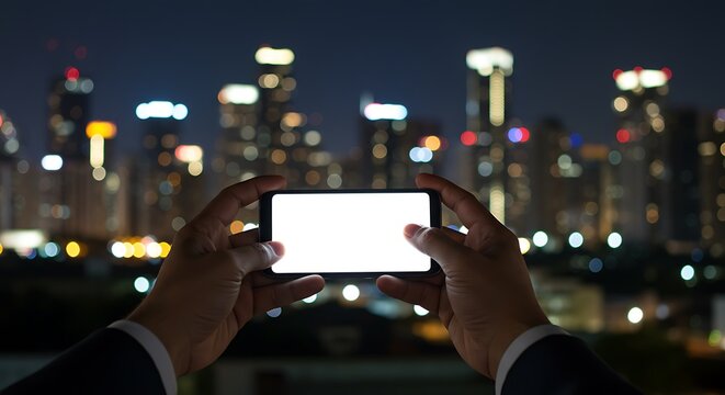 Hands holding smartphone displaying blank screen with city skyline bokeh at night
