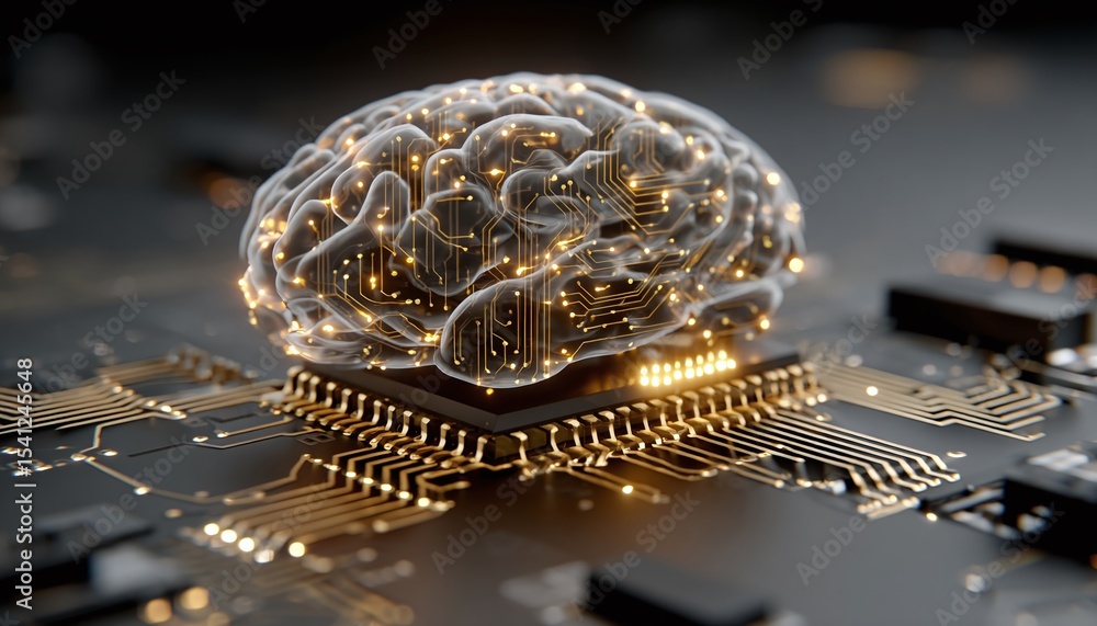 Poster artificial intelligence brain on computer chip concept
