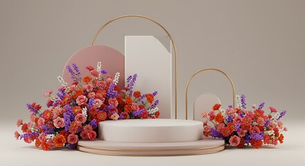 Elegant floral arrangement with a modern pedestal display for product presentation