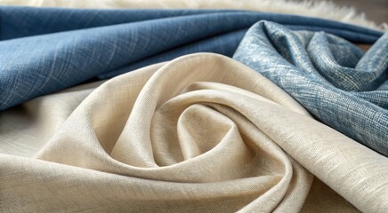 Fototapeta premium Elegant linen fabric swatches in beige and blue