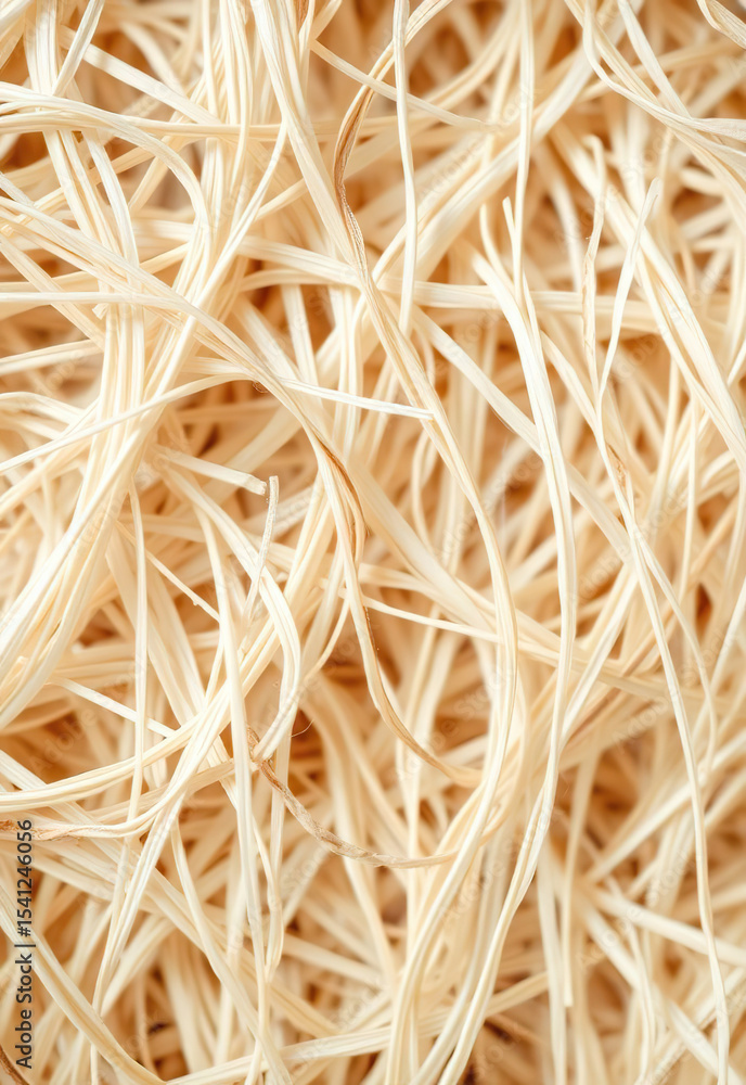 Poster close up view of tangled beige straw like fibers, creating natural and textured abstract background