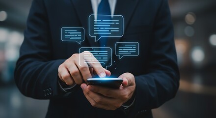Businessman using smartphone with digital message bubbles concept for communication and online networking