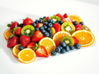 Obraz premium Vibrant assortment of fresh fruits including strawberries, oranges, kiwis, and blueberries on white plate