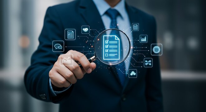 Businessman inspecting digital document with magnifying glass representing business process and analysis