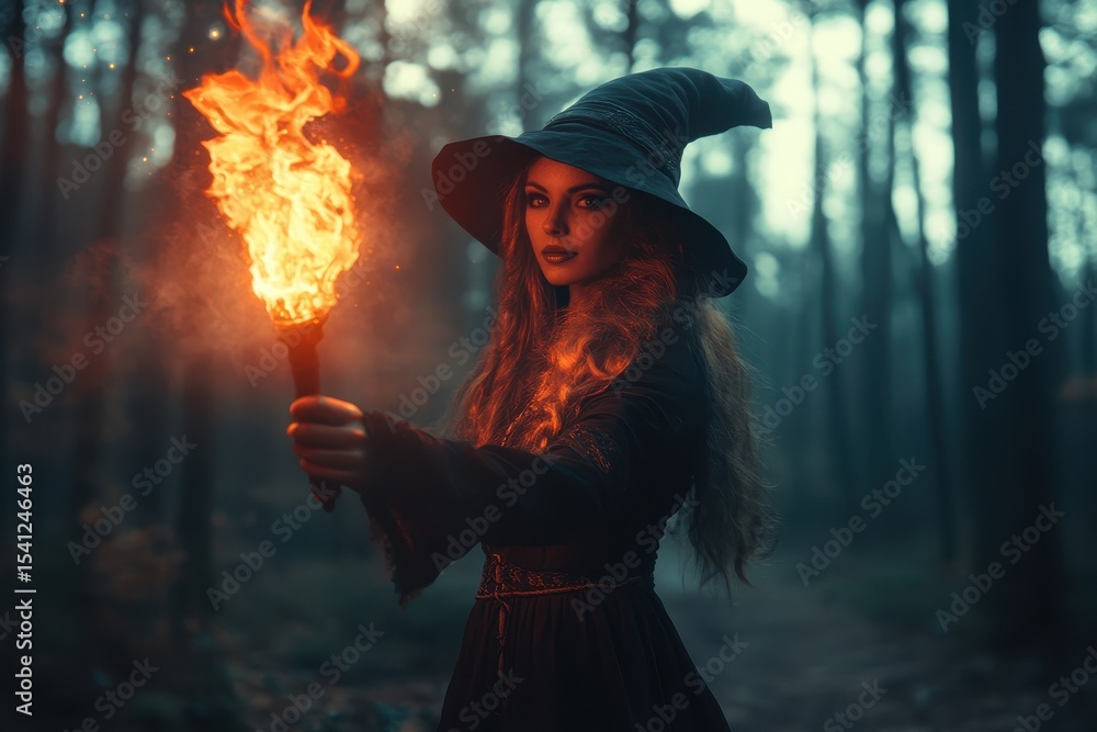 Poster witch holding a flaming torch in a dark forest atmosphere at twilight, witch with flaming torch in d