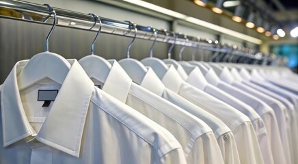 Neat row of crisp white dress shirts on hangers