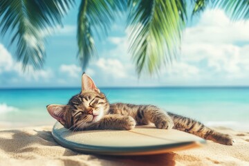 Playful cat relaxing on surfboard under palm trees by the beach on a sunny day, Playful cat and its surfboard lounging under palm trees, tropical beach setting