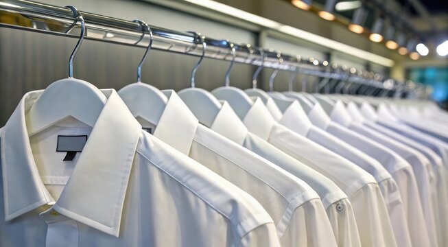 Neat row of crisp white dress shirts on hangers