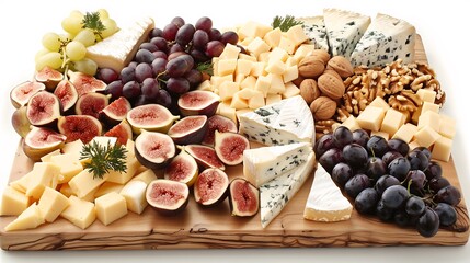 Premium cheese board with artisanal cheeses grapes figs and a selection of nuts beautifully arranged