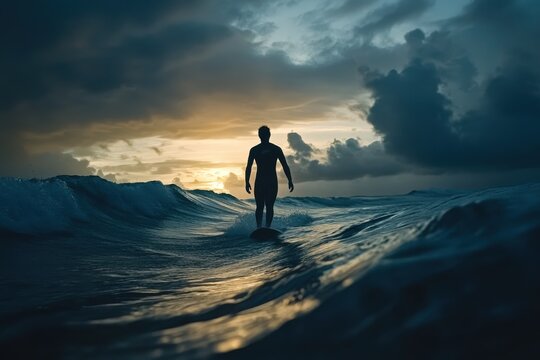 Surfer stands up gracefully on a wave as the sun sets over the ocean landscape, Surfer drops in and stands up calmly in slow motion at Cloudbreak Fiji