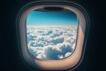 View of puffy clouds in the bright sky from an airplane window during a sunny flight at high altitude, Puffy clouds high in the sky, view from the airplane window