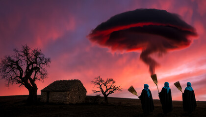 Dramatic sky over figures with brooms and dwelling.