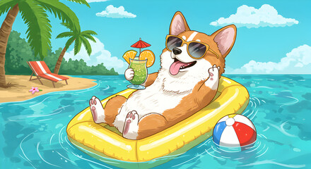 Cartoon corgi dog enjoying summer vacation on an inflatable ring at the beach