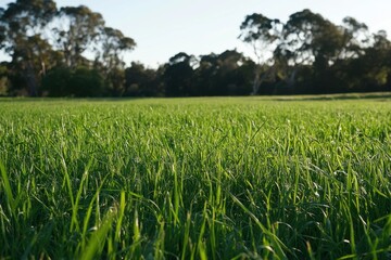 Fototapeta premium Lush green grass fields in rural Adelaide, Australia, under a clear blue sky during the late afternoon sunlight, Green grass fields of rural Australia Adelaide countryside landscape