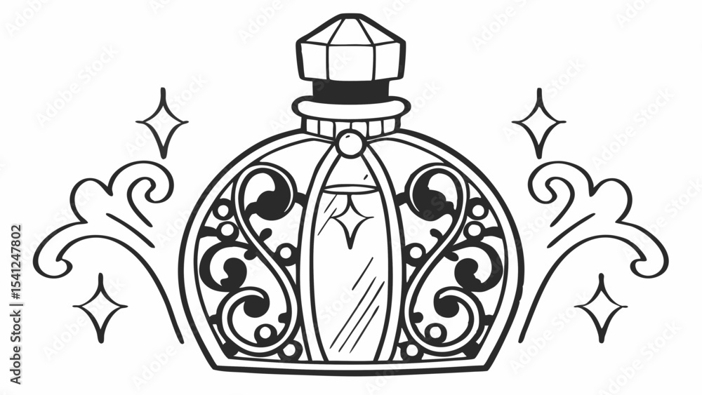 Poster elegant perfume bottle with ornate details and sparkling accents in a monochrome line drawing style 