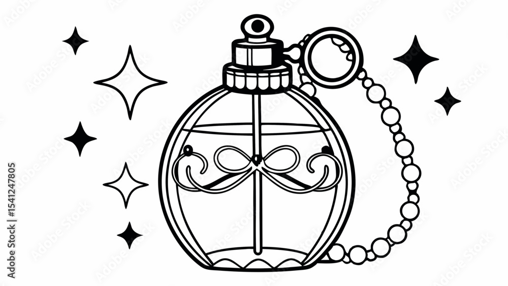 Poster illustration of a perfume bottle with a beaded chain and stars on a white background design vector c