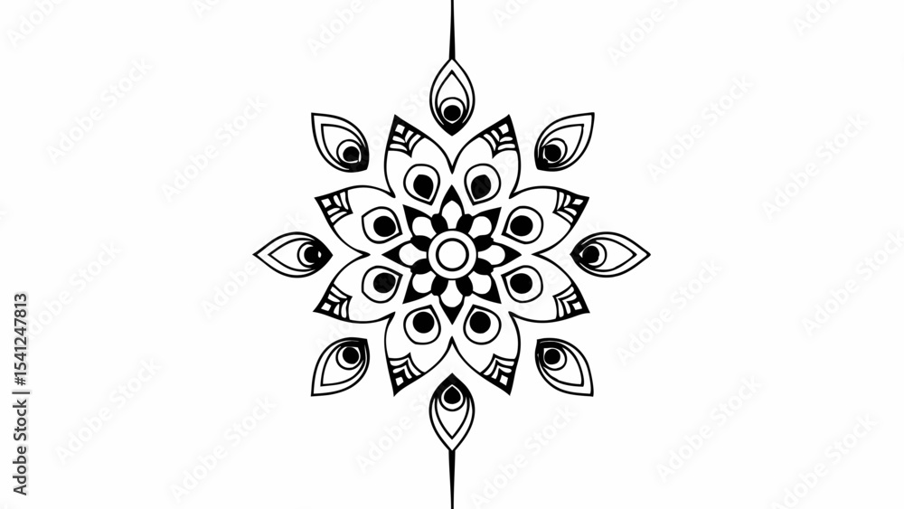 Aufkleber detailed black and white floral mandala design with intricate patterns and symmetrical leaf elements