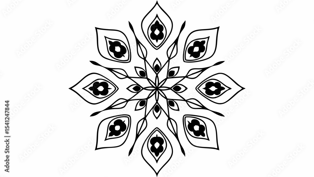 Poster a symmetrical floral design with eight petals radiating from a central star shape in black and white