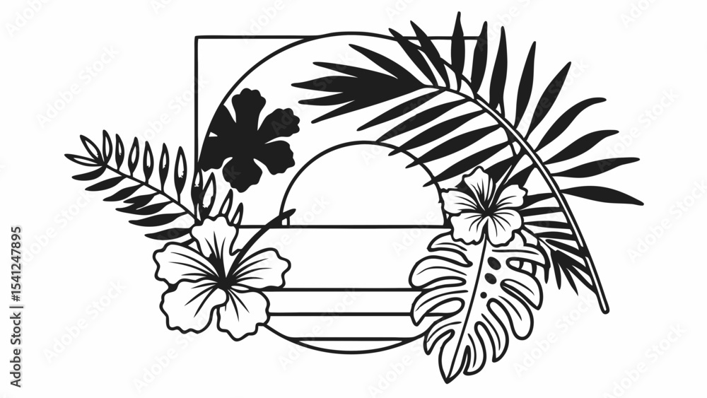 Poster floral arrangement with hibiscus and palm leaves within a geometric frame design element vector crea