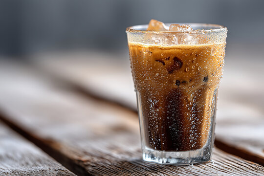 clous up iced coffee glass half full on wooden table, melting ice and condensation, 