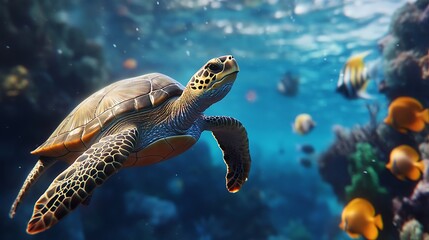 Fototapeta premium Sea turtles drifting near rocky tropical coastline high resolution picture