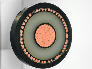 Exquisite cross section of a power electric cable showcasing inner workings and material composition