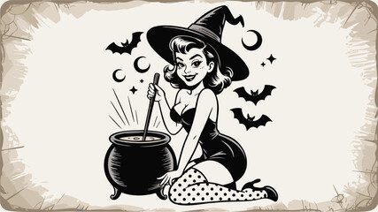Retro pinup witch stirs cauldron of potion. Halloween art, witchcraft, vintage style.