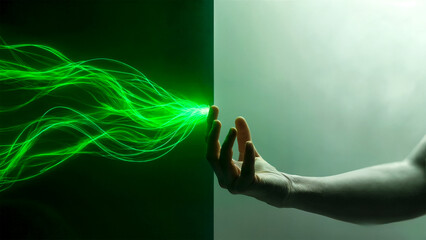 Hand interacts with flowing green digital energy.